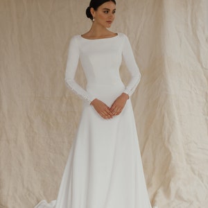 Long sleeve and high back crepe wedding dress. READY TO SHIP Simple winter bridal gown, reception dress, modern wedding dress Nora