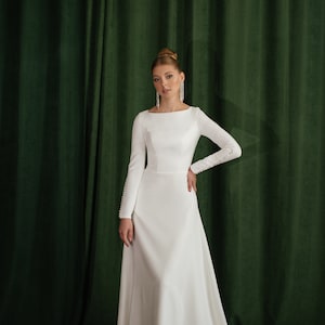 Crepe Wedding Dress With Long Sleeves and High Back, Simple Winter ...
