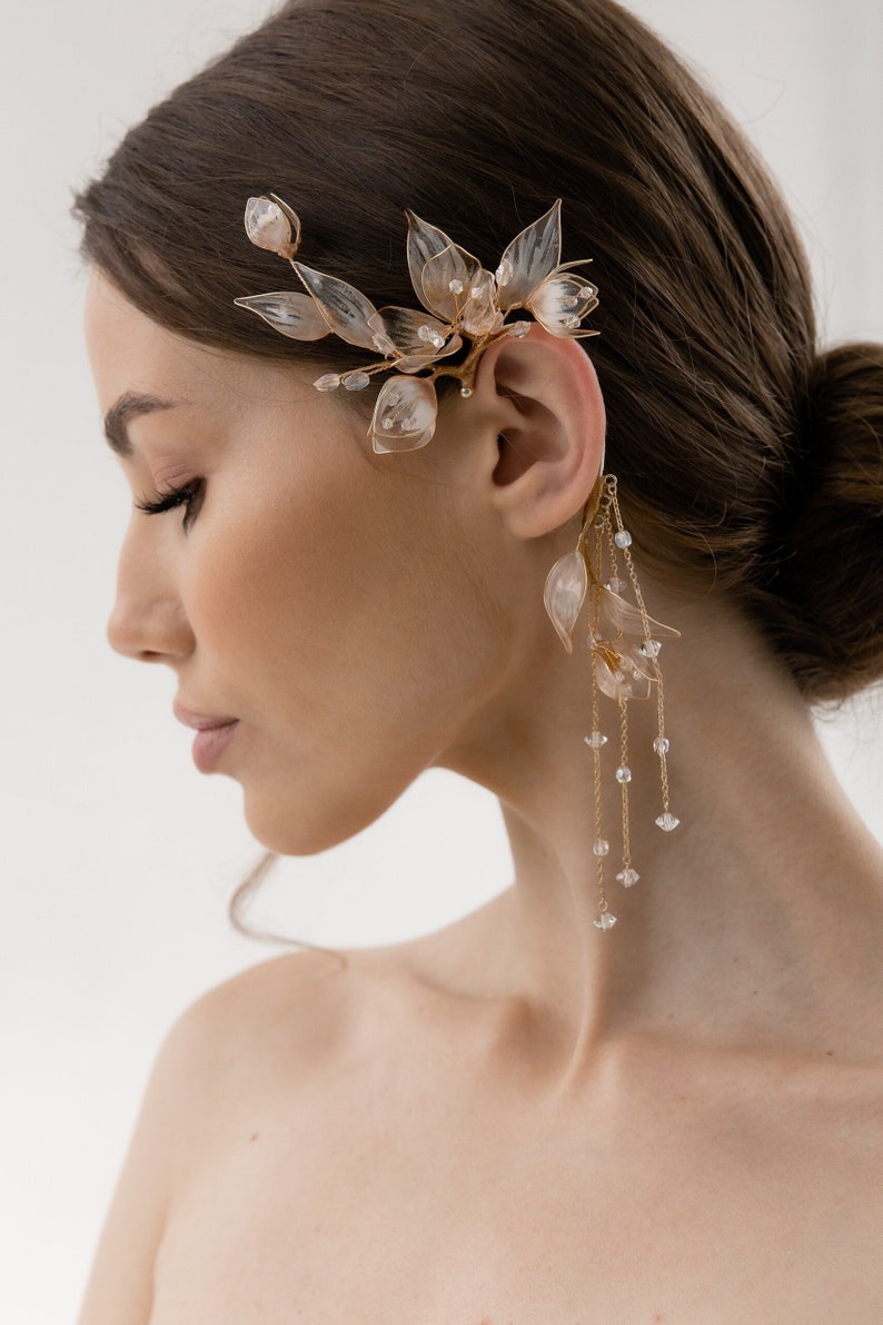 Ear cuff, floral ear cuff, Bridal jewelry, wedding flower cuff, floral earrings, gold bridal accessories image 1