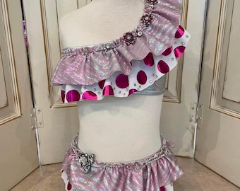 Metallic Fuchsia Polka Dot Swimsuit, Hair Bow & Anklet (Size 8)