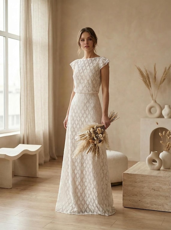 Koronkowa Suknia Ślubna 2w1 Ivory | Suknia Ślubna Boho | Minimalistyczna Suknia Ślubna | Suknia na Ślub Cywilny | Ślub plenerowy