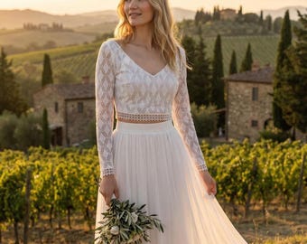Boho tweedelige trouwjurk – kanten top en tule rok, minimalistische bruidsset, romantische bruidsset