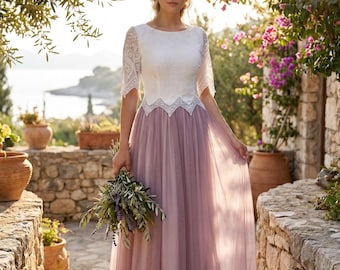 Erdo Two Piece Wedding Dress, Bridal Separates, Lace Wedding Top and Lilac Ombre Tulle Skirt, Civil Outdoor Wedding Outfit, Boho Bride