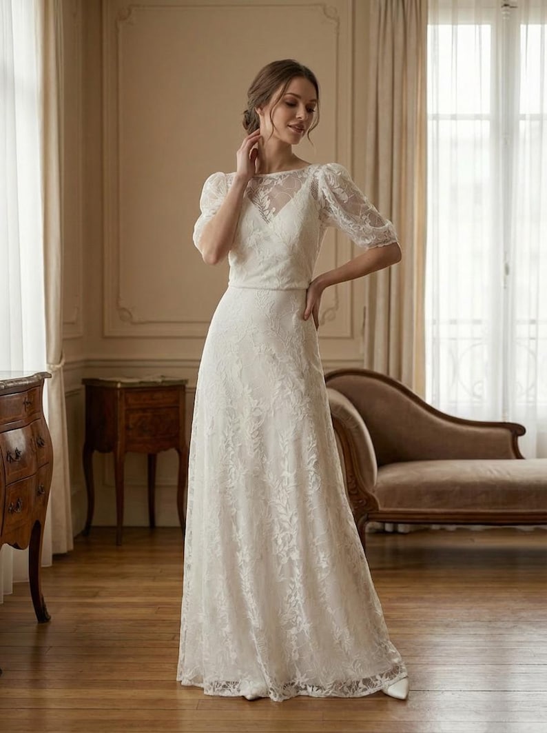 Abito da sposa in pizzo avorio 2 in 1 | Abito da sposa boho | Abito da sposa minimalista | Abito da sposa civile | Matrimonio all'aperto immagine 4