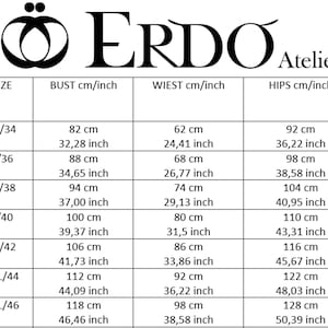 Pu&ograve; includere: Una tabella delle taglie di ERDO Atelier, con misure in centimetri e pollici. La tabella include le misure di busto, vita e fianchi per le taglie XS/34 a 3XL/46. Il logo ERDO Atelier &egrave; in alto.
