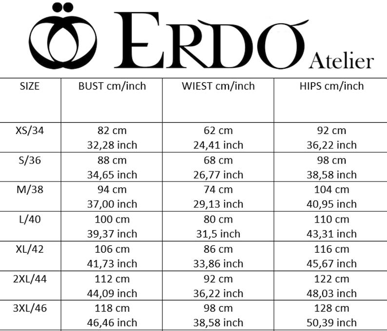 Pu&ograve; includere: Una tabella delle taglie di ERDO Atelier, con misure in centimetri e pollici. La tabella include le misure di busto, vita e fianchi per le taglie XS/34 a 3XL/46. Il logo ERDO Atelier &egrave; in alto.