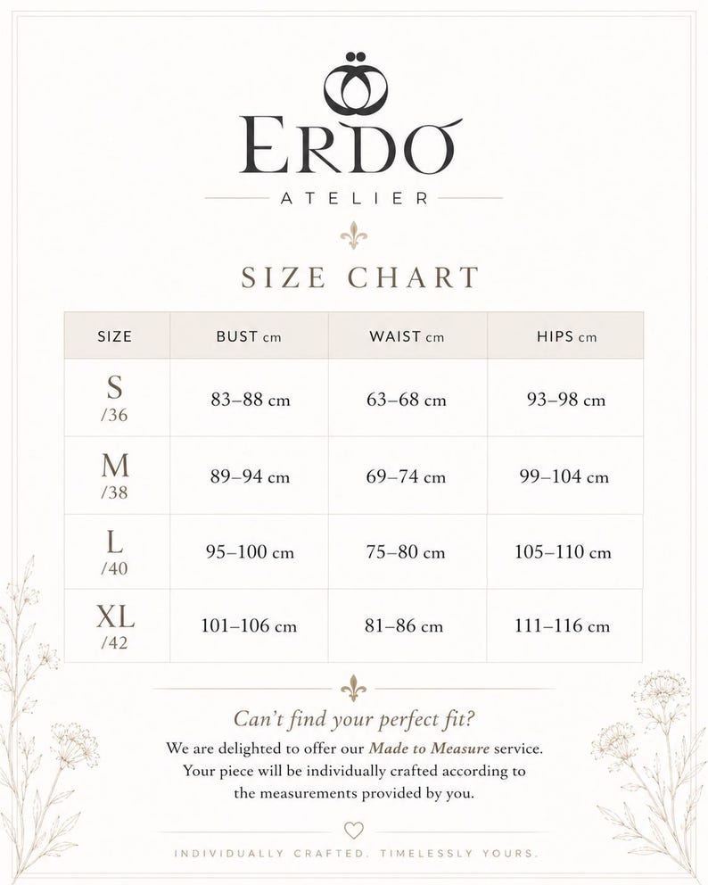 May include: A white size chart for Erdo Atelier featuring a table with sizes S, M, L, and XL. Columns list bust, waist, and hip measurements in centimeters. Text includes 'Can't find your perfect fit?' and 'Made to Measure service' details.