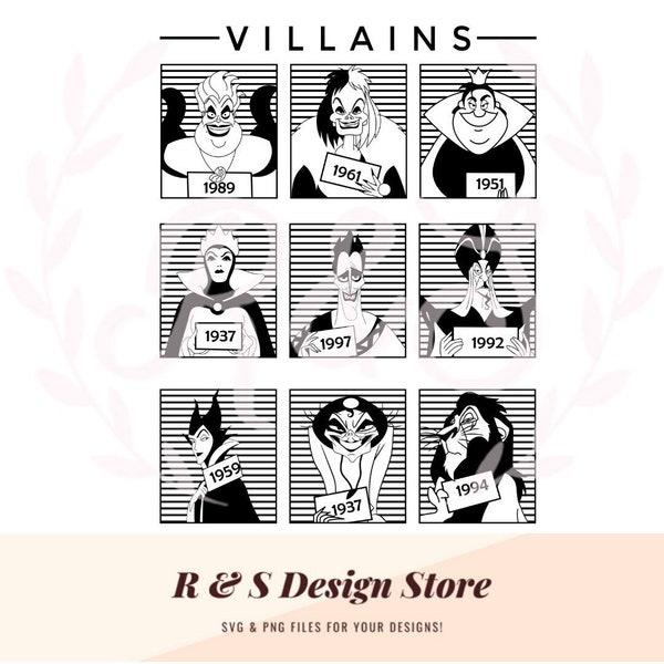 villains, line up, jail, years, sea witch, queen, maleficent, svg, png.