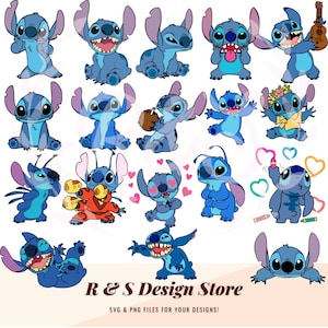 May include: A set of 20 blue Stitch character illustrations in various poses, including playing a ukulele, holding a coconut, and drawing hearts. The illustrations are on a white background with the text "R & S Design Store" and "SVG & PNG FILES FOR YOUR DESIGNS!" at the bottom.
