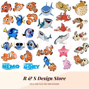 May include: A set of 25 colorful Finding Nemo and Finding Dory SVG and PNG digital files. The images include Dory, Nemo, Marlin, Crush, Squirt, and other characters from the movie.