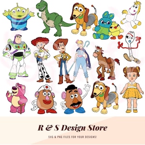 Op de afbeelding: Een set van 17 Toy Story-personage SVG- en PNG-bestanden. De personages omvatten Woody, Buzz Lightyear, Jessie, Bo Peep, Slinky Dog, Rex, Mr. en Mrs. Potato Head, Hamm, Bullseye, Forky en meer.