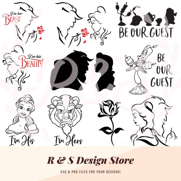 silhouettes, beast, beauty, rose, png, svg.