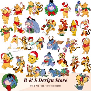 Weihnachten, gelber Bär, springender Tiger, blauer Esel, rosa Ferkel, svg, png.