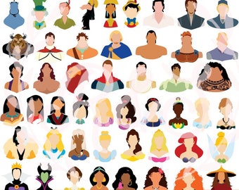 Paquete de personajes enorme: princesas, príncipes, villanos, siluetas, color, PNG, SVG.