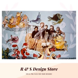 May include: A vintage photograph of a group of people sitting on a bed, surrounded by cartoon characters. The characters include fish, lobsters, and a band of musicians. The text "The Briny Boys" is visible on a drum.