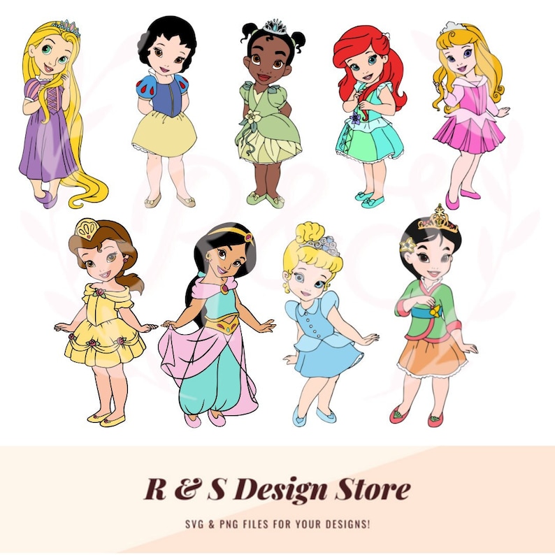 Puede incluir: Un conjunto de diez personajes de princesas Disney de dibujos animados, que incluyen Blancanieves, Cenicienta, Ariel, Bella, Jasmine, Tiana, Rapunzel, Aurora, Mulan y Pocahontas. Cada princesa est&aacute; representada con un vestido colorido y lleva una corona.