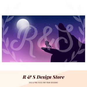 May include: Silhouette of a lion standing on a cliff overlooking a purple and blue night sky with a full moon and shooting stars.