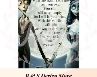 May include: A black and white illustration of Jack Skellington and Sally from the Nightmare Before Christmas movie. The image features a quote from the movie: "With this hand, I will lift your sorrows. Your cup will never empty, for I will be your wine. With this candle, I will light your way in darkness. With this ring, I ask you to be mine."