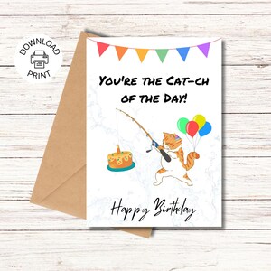 Tarjeta de feliz cumpleaños / Tarjeta de felicitación imprimible / Cat-ch del día Tarjeta de cumpleaños del gato / Descarga instantánea PDF
