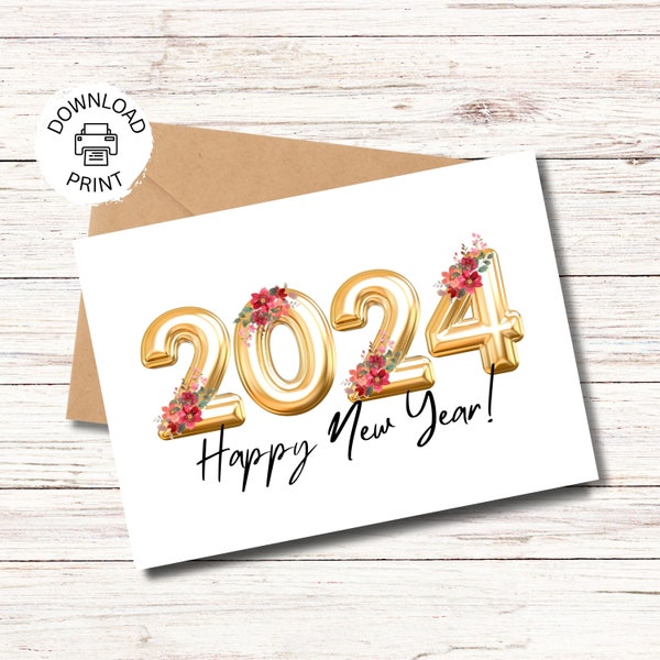 Happy New Year 2024 Card Printable Greeting Card Digital Download PDF