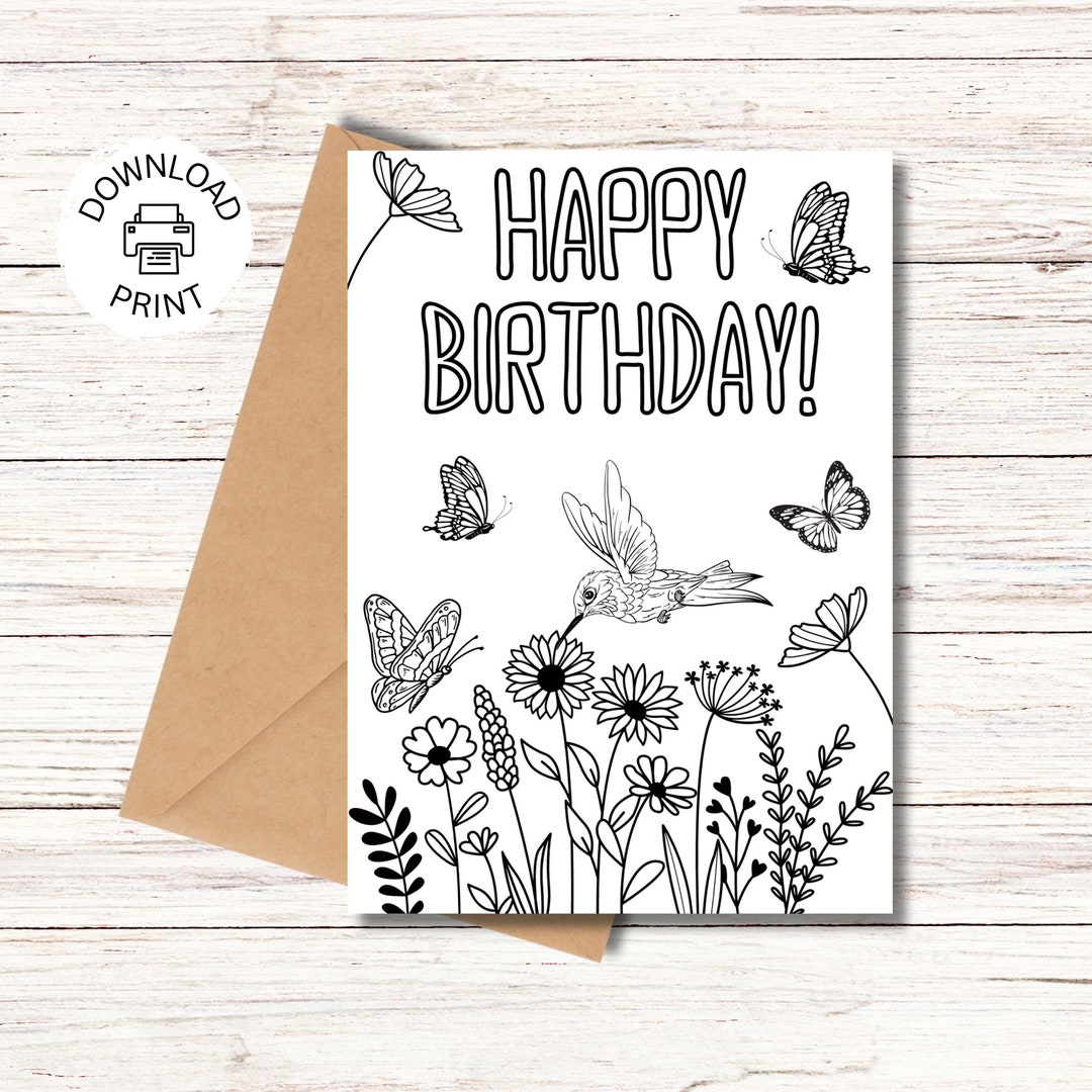 Printable Happy Birthday Coloring Card, Flowers and Butterflies, Color