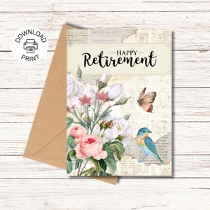 Printable Happy Retirement Card, Happy Retirement Greeting Card, Vintage Floral, Card for Mom/Grandma/Friend Digital Download