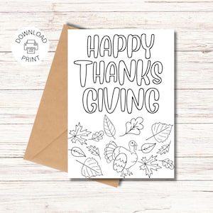 Cartão para colorir para impressão Feliz Dia de Ação de Graças, pinte seu próprio cartão, desejos de Ação de Graças, imprima e colora, download instantâneo