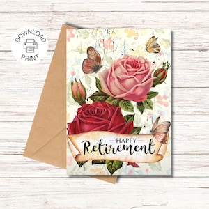 Printable Happy Retirement Card, Happy Retirement Greeting Card, Vintage Floral, Card for Mom/Grandma/Friend Digital Download