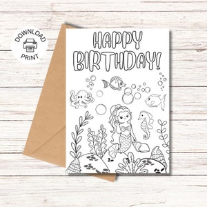 Druckbare Happy Birthday Malkarte, Meerjungfrau Färbung, Geburtstag Wünsche, Drucken und Ausmalen, Sofort Download