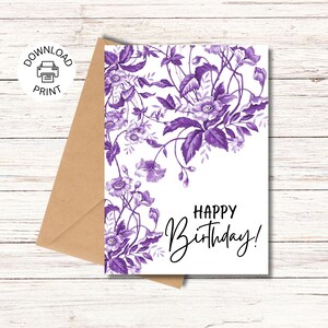 Happy Birthday Card | Printable Greeting Card | Purple Floral Birthday Card | Instant Download PDF