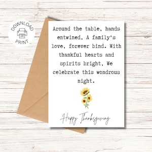 Printable Thanksgiving Card, Thankful Hearts, Thanksgiving Poem Card, Happy Thanksgiving Card, Holiday Card, Digital Download