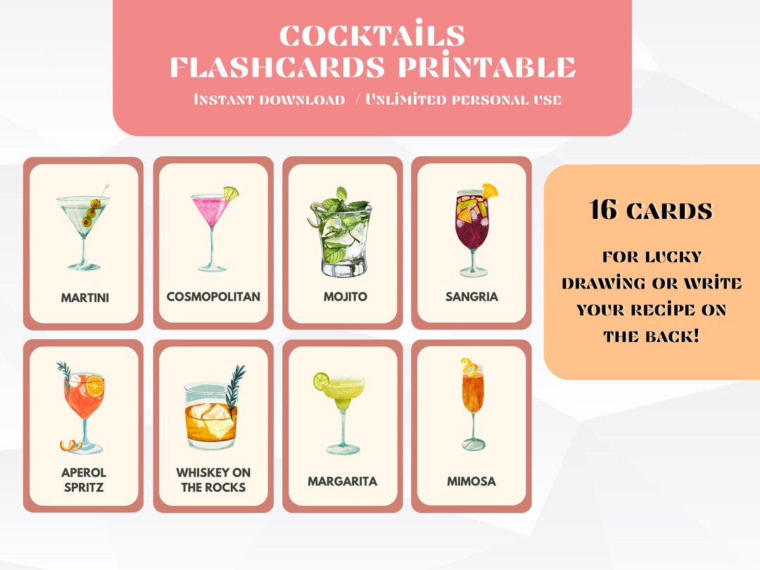 Cocktails Flashcards Printable 16 Cards / Adult Flashcard Bar Etsy
