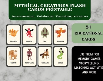 Mythical Creatures Flash Cards For Children Printable 24 cards / Children Activity Cards / Montessori Learning / Fantasy Book Creatures