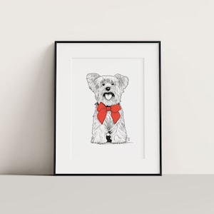 May include: A framed black and white illustration of a small dog wearing a red bow tie. The dog has a fluffy coat and is sitting upright with its tongue out. The artwork is displayed on a white background.