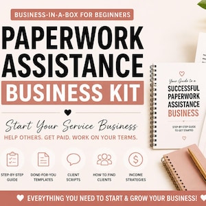 K&ouml;nnte beinhalten: Ein Business-Kit f&uuml;r Papierkram-Unterst&uuml;tzung mit einem Spiralbuch, Kundenformularen und einem Notizbuch. Das Kit enth&auml;lt Vorlagen, Skripte und Strategien zum Starten und Ausbauen eines Dienstleistungsunternehmens. Das Bild enth&auml;lt auch eine Tasse Kaffee.