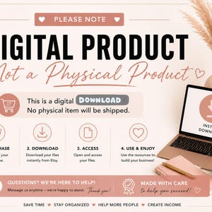 K&ouml;nnte beinhalten: An image promoting a digital product, with the text "DIGITAL PRODUCT Not a Physical Product." A laptop, coffee cup, and stationery are visible. Instructions for purchase, download, access, and use are displayed.