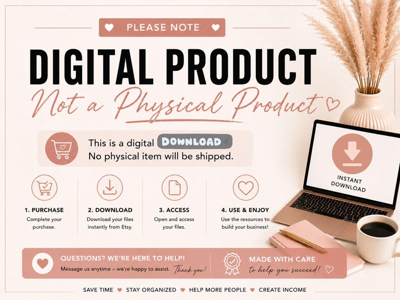 K&ouml;nnte beinhalten: An image promoting a digital product, with the text "DIGITAL PRODUCT Not a Physical Product." A laptop, coffee cup, and stationery are visible. Instructions for purchase, download, access, and use are displayed.