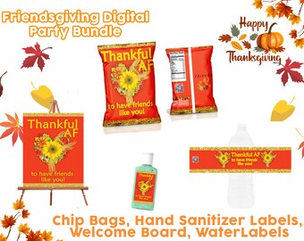 Friendsgiving Party Bundle, Chip-Beutel, Desinfektionsmittel, Wasseretiketten (Digitales Design)