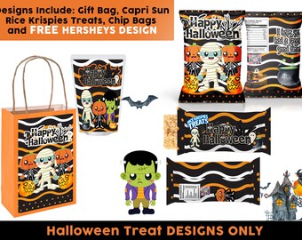 Halloween Party Bundle Gift Bags, Chip Bags, Capri Sun, Rice Krispie, and Hershey