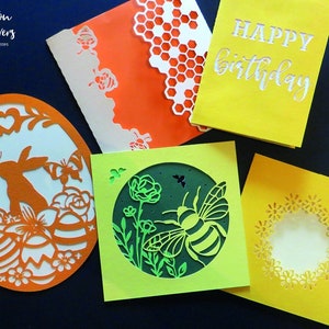 Lot de 4 cartes de printemps / Pâques + pâquerettes + ruche + printemps / Cartes coloris jaune, orange et vert.