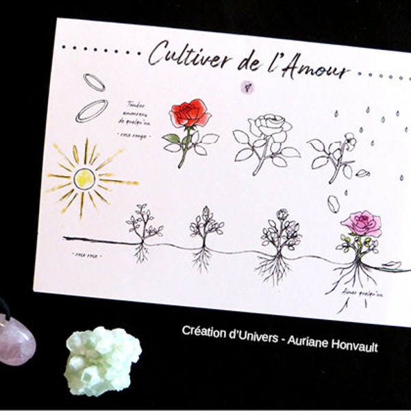 Tarjeta de ilustración Cultivar el amor, con cita