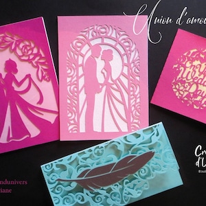 Lot de 5 cartes "amour & raffinement" / papillon + plume + danse + mariage + noce / Cartes roses, bleu et violette.