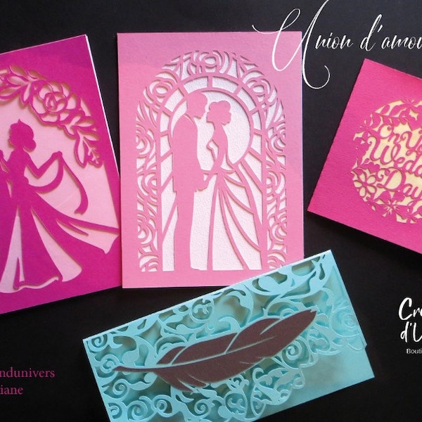 Lot de 5 cartes "amour & raffinement" / papillon + plume + danse + mariage + noce / Cartes roses, bleu et violette.