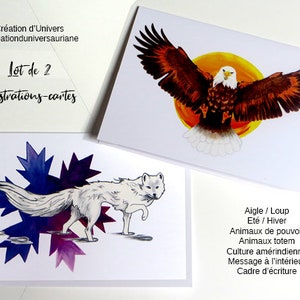 Lot de 2 illustrations - cartes : Aigle + loup