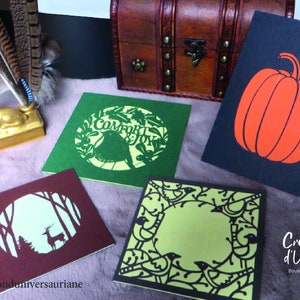 Lot de 4 cartes d'automne / chevreuil + les oiseaux + rouge-gorge + Halloween / Cartes de coloris marron, orange et vert.