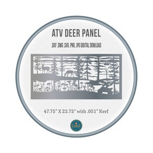 Könnte beinhalten: Ein digitaler Download eines Hirsch-Panel-Designs für ein ATV. Das Design ist 121,3 cm x 60,3 cm groß und beinhaltet einen Sägeschnitt von 1,3 mm.