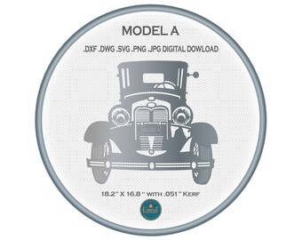Könnte beinhalten: Ein silberner Kreis mit einer schwarzen und weißen Silhouette eines Model A Autos. Der Text "MODEL A" befindet sich über dem Auto und der Text ".DXF .DWG .SVG .PNG .JPG DIGITAL DOWNLOAD" befindet sich unter dem Auto. Der Text "18.2" x 16.8" WITH .051" KERF" befindet sich unter dem Auto.