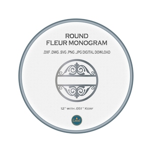 May include: A round, silver-colored monogram design with a decorative flourish. The text "ROUND FLEUR MONOGRAM" is at the top of the design. The text ".DXF .DW .SVG .PNG .JPG DIGITAL DOWNLOAD" is below the monogram. The text "12" WITH .051" KERF" is below the monogram. The text "Laci" is in a circle below the monogram.