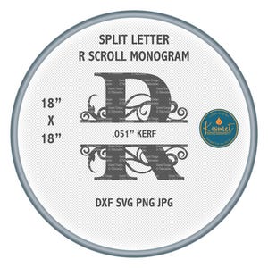 Può includere: Un design monogramma a scorrimento con lettera "R" divisa, grigio, 45,7 cm x 45,7 cm, con il testo "SPLIT LETTER R SCROLL MONOGRAM". Il design include il testo ".051" KERF" e le opzioni di tipo di file: DXF SVG PNG JPG.