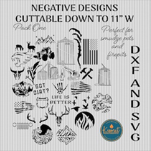 May include: A collection of 30 black and white cuttable designs, perfect for creating custom projects. The designs include a variety of themes, such as nature, animals, and Americana. The designs are cuttable down to 11 inches wide. The text "Got Dirt?" and "Life is Better" are included in the designs. The text "DXF AND SVG" is also included in the image.